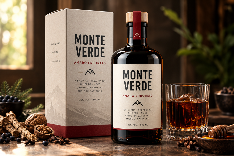 Bottiglia e confezione MONTEVERDE con bicchiere di amaro